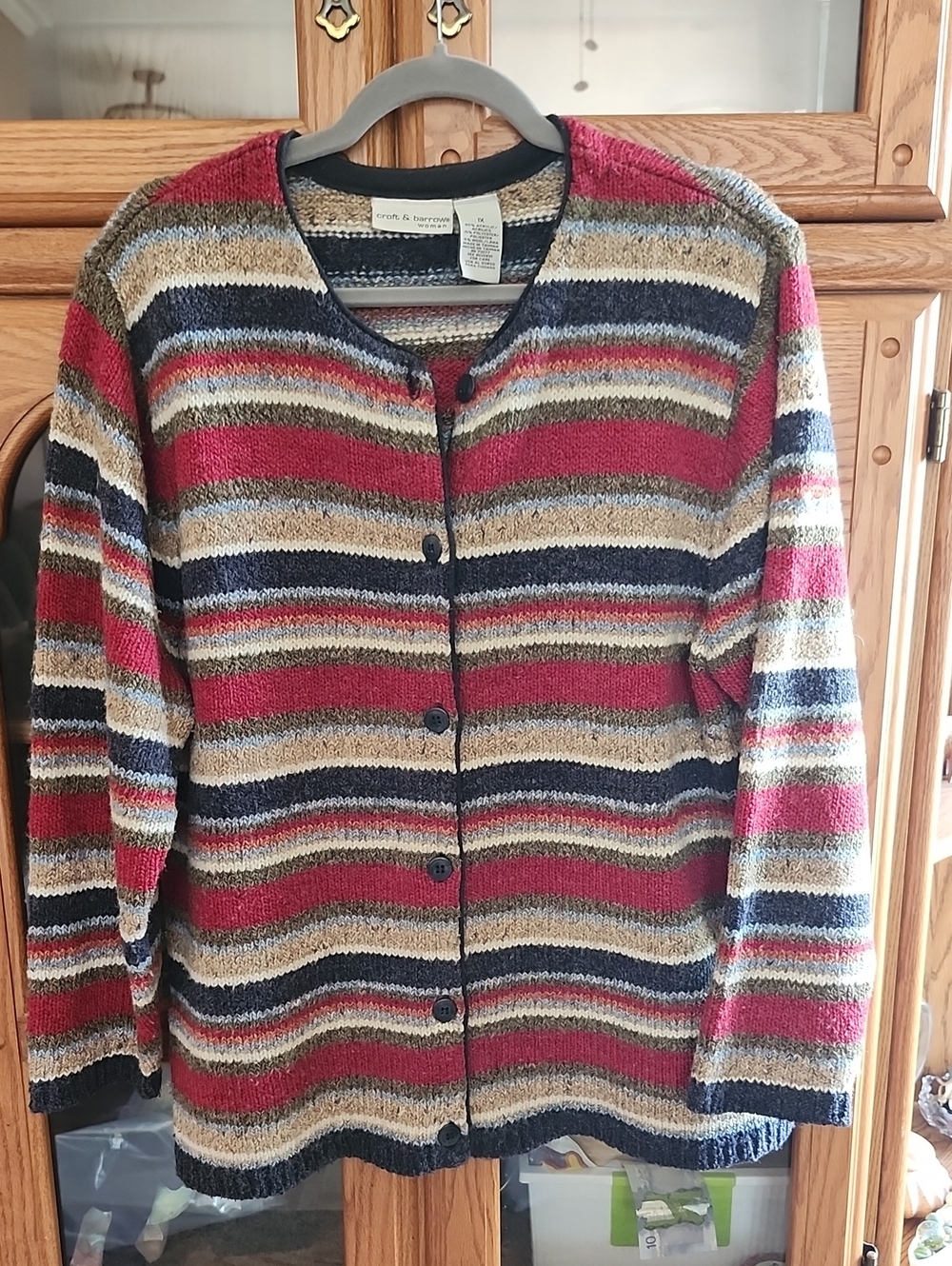 croft & barrow Striped Button-Front Cardigan in Red, Navy & Tan